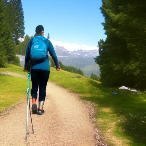 

A picture of a person holding two Nordic walking poles, standing on a path surrounded by trees and mountains in the background.