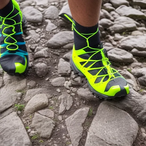 

The image shows a pair of Salomon trail running shoes with a close-up of the intricate lacing system and rugged sole designed for performance and innovation on rough terrain.
