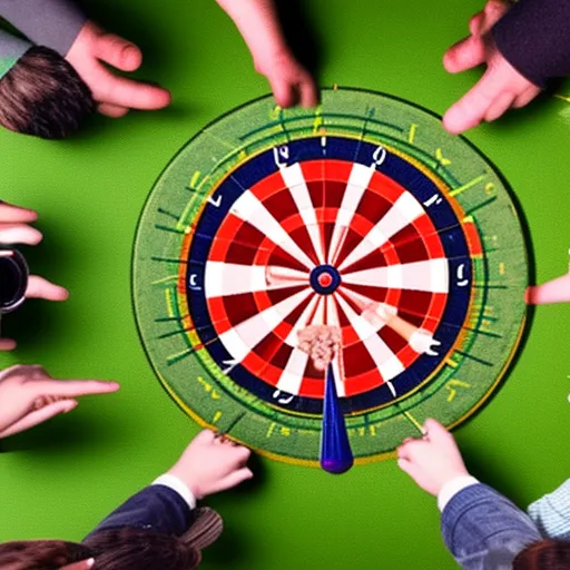 

A dartboard with several darts in the center and a hand aiming to hit the target, surrounded by a few spectators.