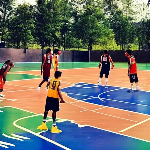 

The image shows a group of basketball players, wearing colorful jerseys, playing on an outdoor court with trees and mountains visible in the background.