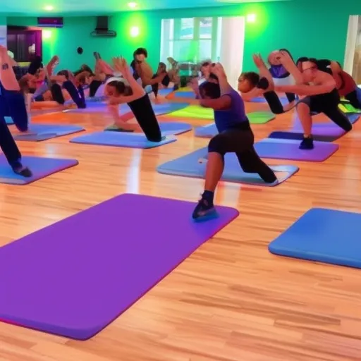

The image shows a group of people participating in a high-intensity aerobic exercise class, with colorful exercise mats on the floor and bright lighting in the background.