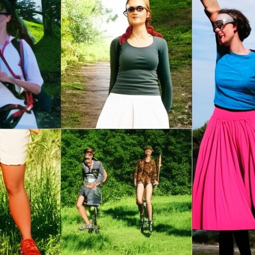 

The image shows a woman in various types of skirts, such as maxi, midi, and skater, engaged in outdoor activities like hiking, biking, and walking.