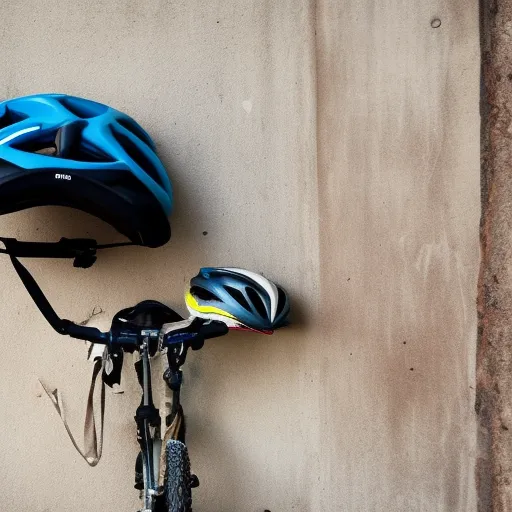

Cyclists' essential equipment: a bicycle leaning against a wall with a helmet, water bottle, and repair kit beside it.