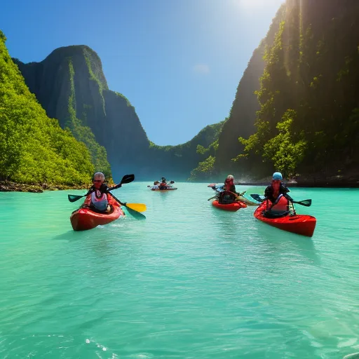 

The image depicts a group of people in kayaks paddling through crystal clear turquoise water, surrounded by towering cliffs and lush green trees.