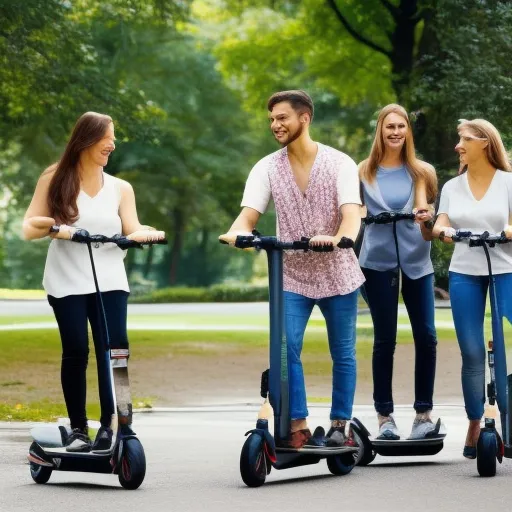 

The image shows a group of people riding electric scooters in a park, enjoying the outdoors.