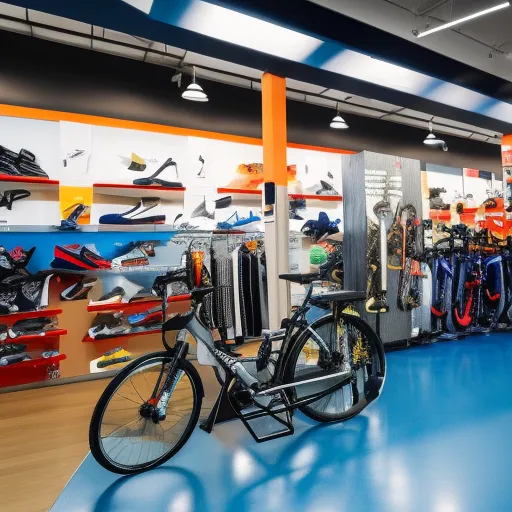 

The image shows a display of various sports and recreational equipment at a Decathlon store, including bikes, tents, and running shoes.