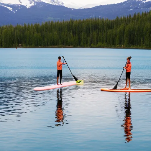 

The image shows two people standing on stand-up paddleboards in the middle of a calm lake surrounded by trees and mountains in the background.