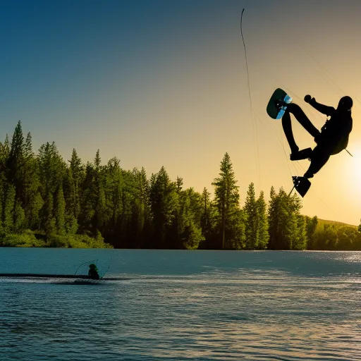 

The image shows a person wakeboarding on a lake surrounded by lush green trees, with the sun setting in the background.