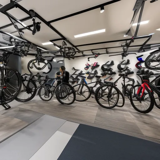 

The image depicts various high-end road and mountain bikes arranged in a showroom, perfect for sports and adventure enthusiasts.