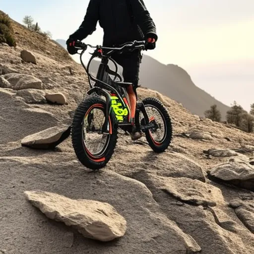 

The image is of an electric folding bike with fat tires riding on a rocky terrain.