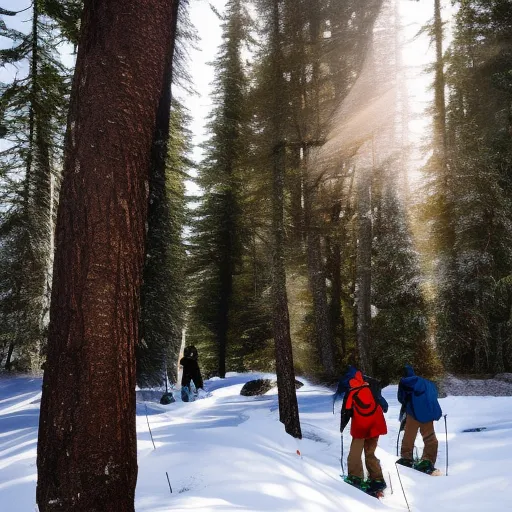 

The image depicts a group of people wearing snowshoes and hiking through a snowy forest with tall trees and sunlight breaking through the branches.