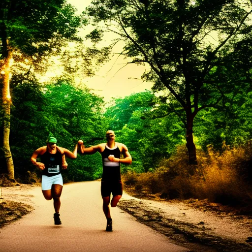 

Possible short description:

Athletic figures in a natural setting. A young man with a headband and shorts sprints on a dirt road among tall trees, while a woman with a cap and a sleeveless shirt strikes a pose between two large rocks, holding dumbbells. Sunlight filters through the foliage and highlights their toned bodies.