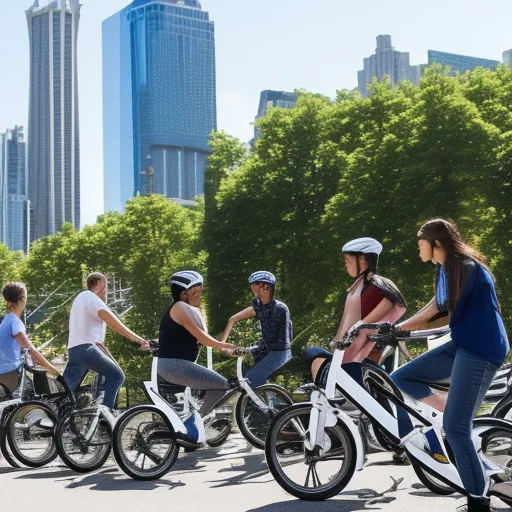 

A photo of a group of people riding electric bikes on a sunny day, with city buildings in the background.