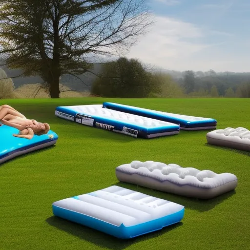 

The image shows a range of inflatable mattresses and sleep pads from Decathlon, laid out on a grassy outdoor setting.