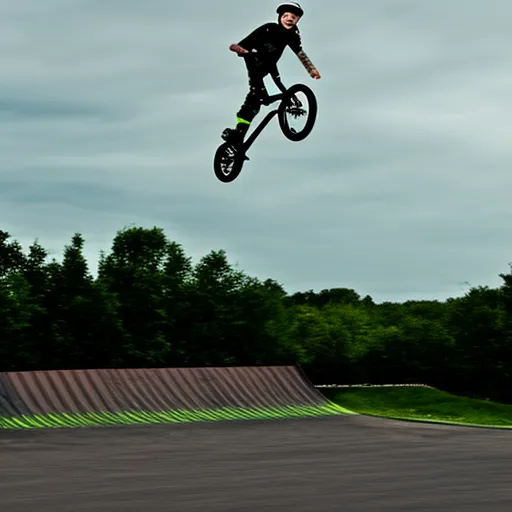 

The image shows a sleek black and green BMX bike with a rider in mid-air, performing a trick.
