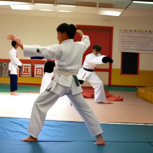 

A photo depicting a karate practitioner in traditional white uniform (gi) performing a high kick while surrounded by a dojo setting, with other students and instructors in sight.