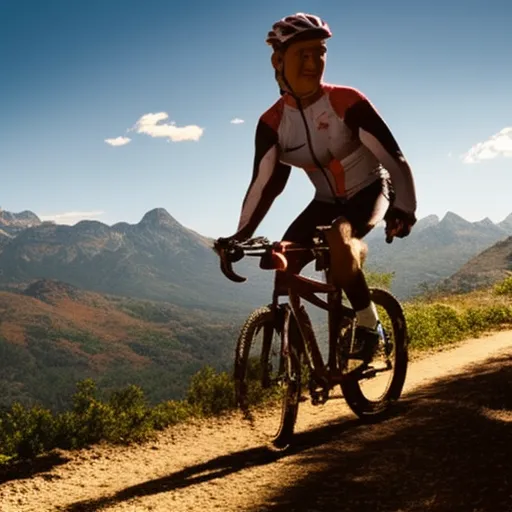 

The image shows a cyclist riding a bike on a mountain trail with beautiful scenery in the background, wearing proper cycling gear and holding a water bottle.