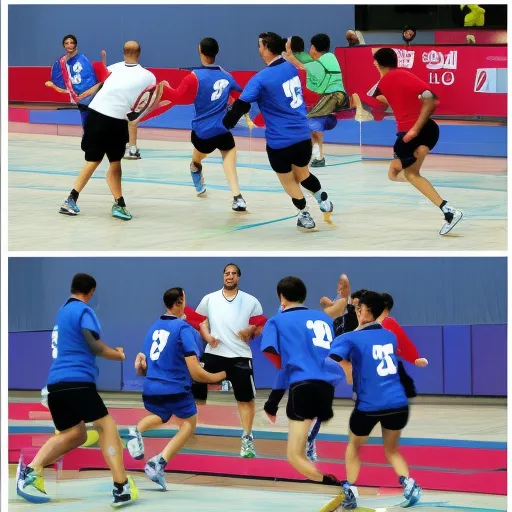 

The image depicts a group of handball players in action, running and jumping as they pass the ball to one another.