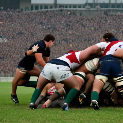 

The image depicts a group of rugby players tackling one another on a grassy field, with a stadium full of cheering fans visible in the background.