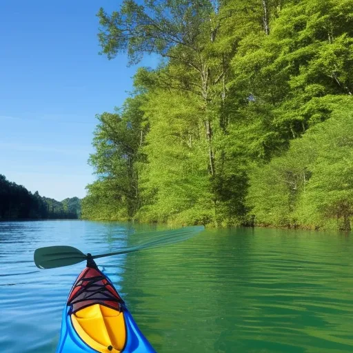 

The image shows a person in a kayak paddling on calm waters, surrounded by green trees and blue sky.