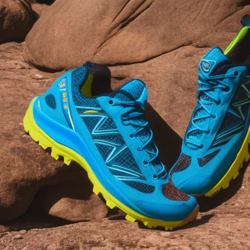 

The image shows a pair of trail running shoes in vibrant colors and rugged build, with deep treads that suggest excellent grip on rough terrain.
