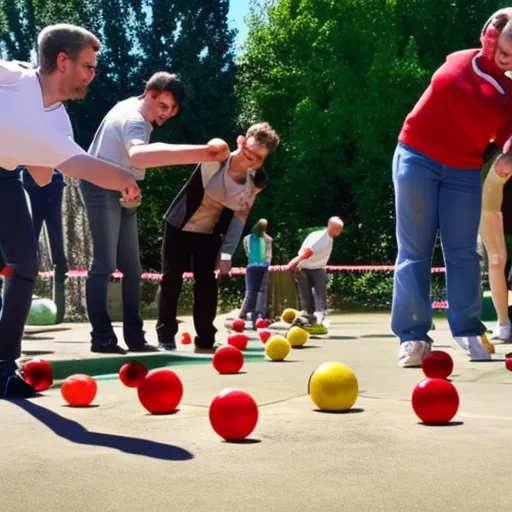 

The image shows a group of people playing pétanque on a sunny day, with colorful boules scattered on the ground and a white target ball in the center.