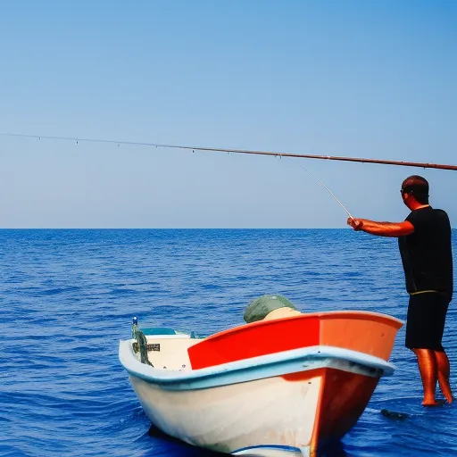 

The image shows two people on a small fishing boat in the sparkling blue waters of the Mediterranean, with fishing rods held high and excitement on their faces as they prepare for a successful day of fishing.