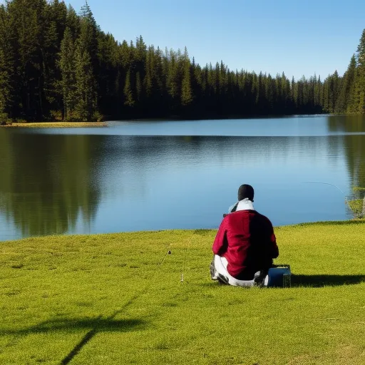 

The image shows a person holding a fishing rod while sitting by a peaceful lake surrounded by trees, waiting for a bite.