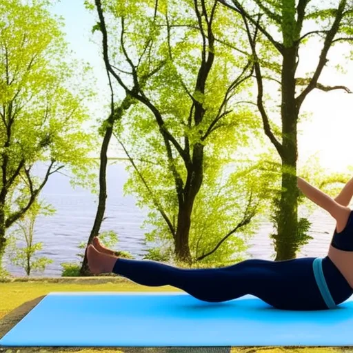 

The image shows a woman practicing Pilates, lying on her back with her legs in the air and her arms by her sides. She is wearing a workout outfit and is surrounded by a peaceful, serene setting with trees and a blue sky in the background.