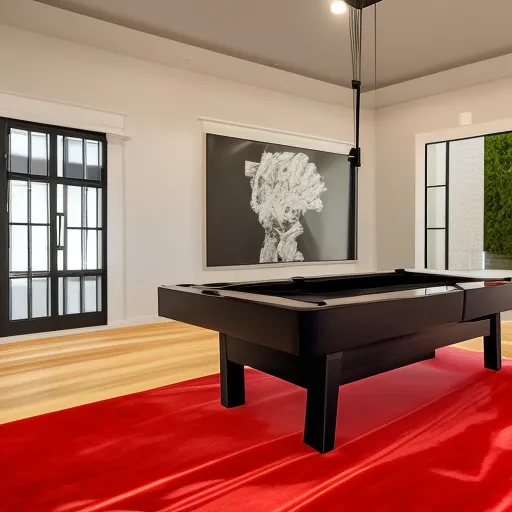 

Image description: A modern and elegant pool table with a black and white finish, surrounded by red velvet chairs, in a well-lit indoor space.
