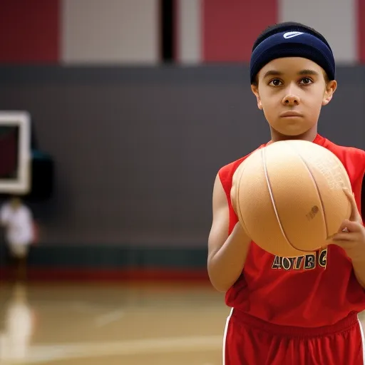 

The image shows a young athlete with a focused, determined expression, wearing a sweatband and holding a basketball, in front of a blurry background of a basketball court.