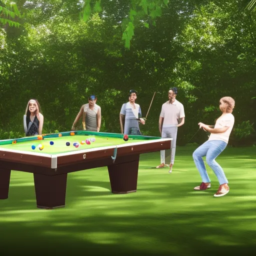 

The image showcases a group of people having fun playing a game of outdoor billiards on a René Pierre table surrounded by lush greenery.