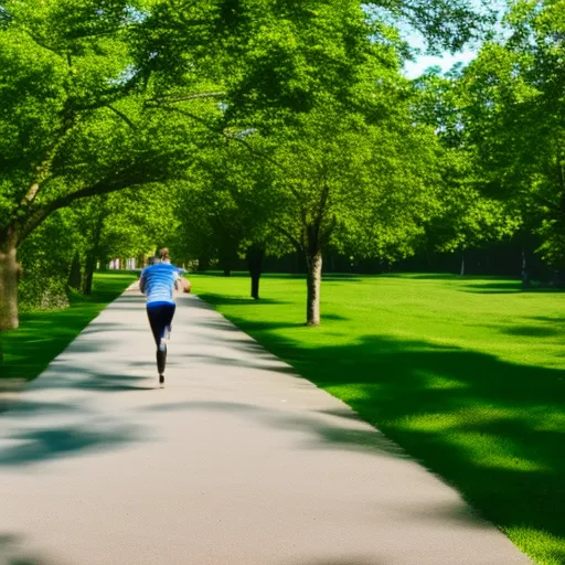 

The image shows a person jogging on a path in a park surrounded by trees and greenery with a blue sky in the background.