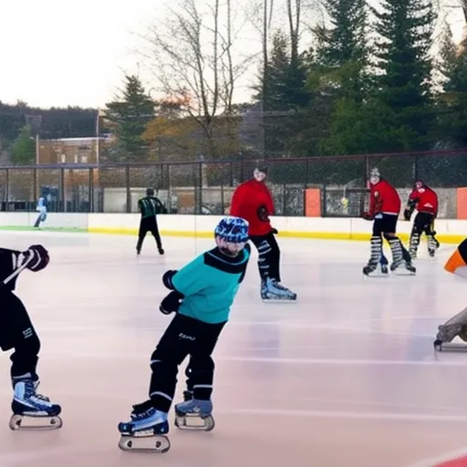 

The image shows a group of people playing roller hockey outdoors, wearing protective gear and skating with energy and enthusiasm.