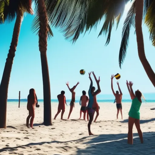

An image of a group of people playing outdoor volleyball on a sunny beach, surrounded by palm trees and blue sky.