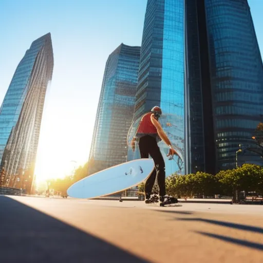 

The image shows a person riding a surfskate on the street with a background of tall buildings and blue sky.