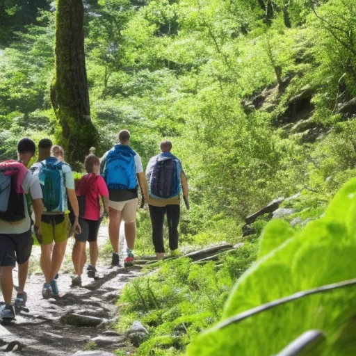 

The image shows a group of people hiking in the mountains, surrounded by lush greenery and enjoying the fresh air and sunshine.