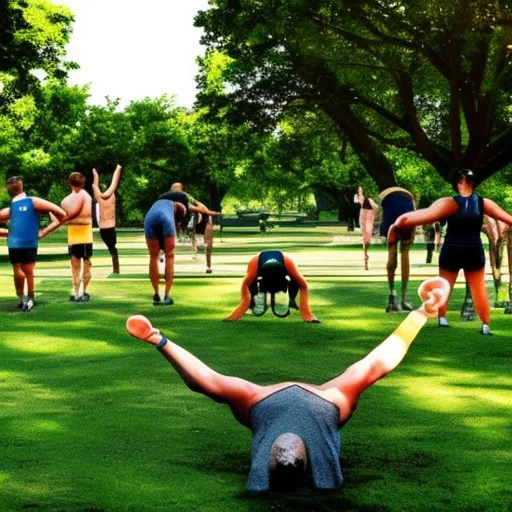 

The image shows a group of people exercising outdoors, with some doing push-ups, others jumping, and others stretching, surrounded by trees and greenery.