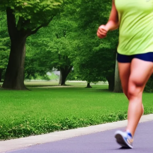 

The image shows a person wearing running shoes, shorts, and a sleeveless top, jogging in a park with green trees in the background.