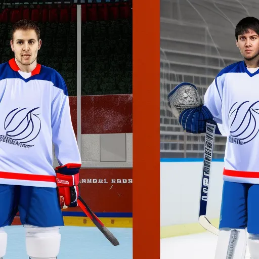 

The image shows a hockey and handball player standing side by side, wearing their respective jerseys and holding their equipment.