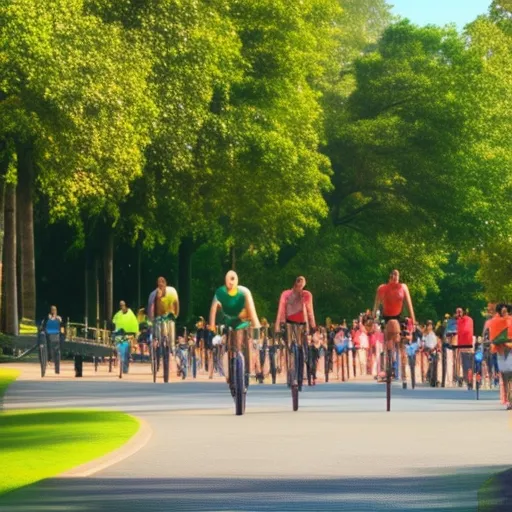 

The image shows a group of people participating in outdoor sports activities such as running, cycling and yoga in a scenic park surrounded by nature.