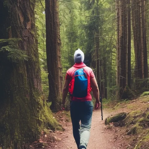 

The image depicts a person hiking in the woods, surrounded by trees and greenery. The person is dressed in athletic clothing and carrying a backpack, suggesting a love for outdoor activities and a desire for physical fitness.