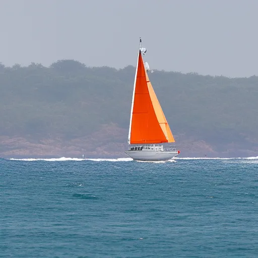 

The image features a sailboat with a sleek black hull, adorned with the iconic "Hugo Boss" label in bold white letters. The sail is a striking bright orange, billowing in the wind as the boat glides across the water.