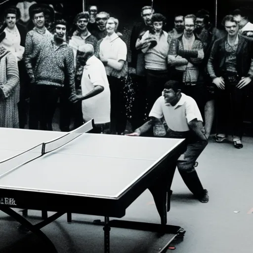 

The image shows two players engaged in a intense game of table tennis, surrounded by spectators watching in anticipation.