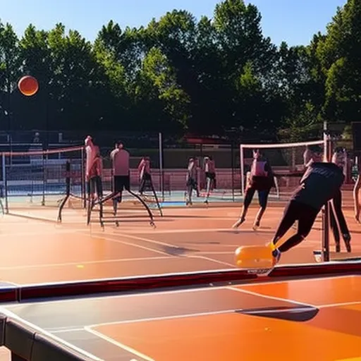 

The image shows a group of people playing Teqball on an outdoor court, with the sun shining in the background.