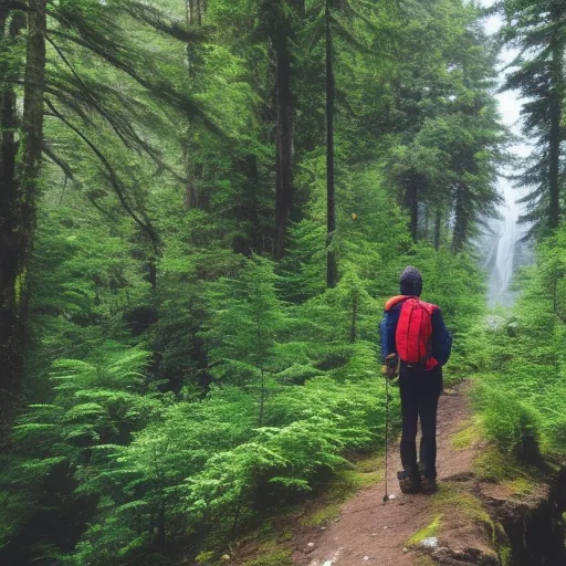 

A picture of a person wearing a waterproof jacket and hiking boots while standing on a mountain trail surrounded by lush greenery.