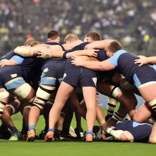 

Image: A group of rugby players of opposing teams in a scrum formation, fighting over the ball in the middle of the field. The stadium is packed with fans cheering on their teams.