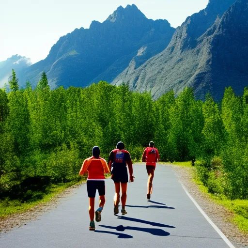 

An image of a group of people jogging along a scenic trail with a backdrop of mountains and trees.