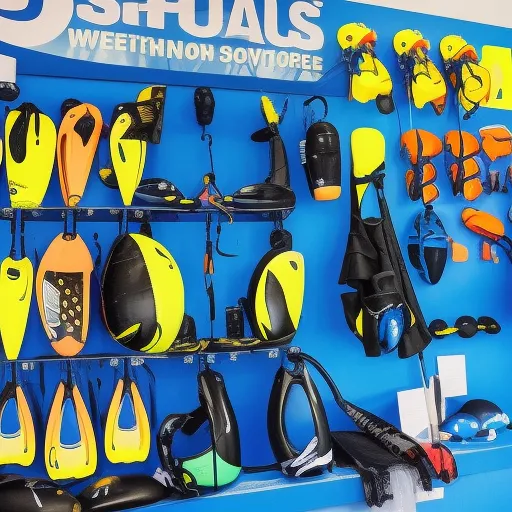 

The image shows a collection of aquatic sports equipment available at Decathlon, including diving masks, snorkels, flippers, and wetsuits.