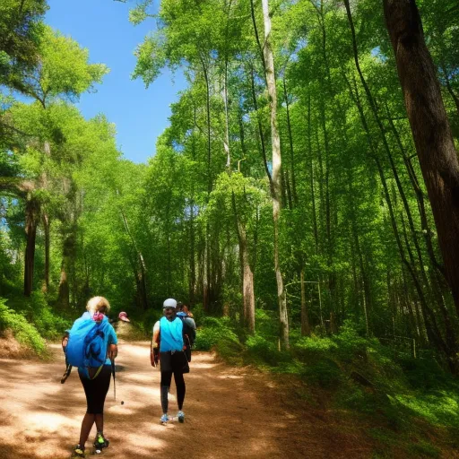 

The image is of a group of people hiking on a trail, surrounded by lush green trees and a blue sky.